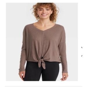 Joy Lab Womens Long Sleeve Tee Shirt Tie Front Iron Color Waffle Knit‎ Size L